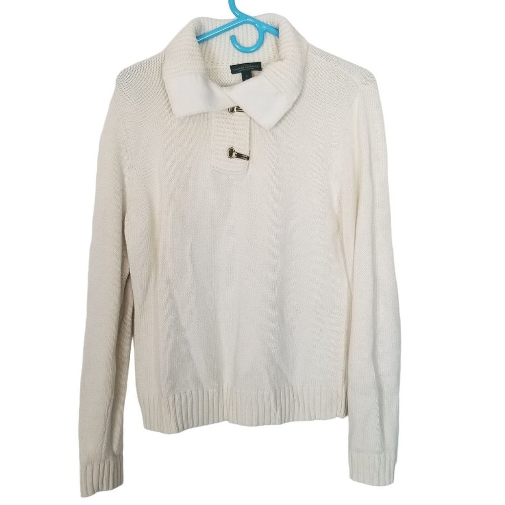 Lauren Ralph Lauren Womens L Cream Knit Collared Long Sleeves Pullover Sweater